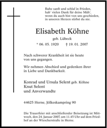 Traueranzeige von Elisabeth Köhne von Tageszeitung
