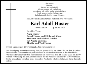 Traueranzeige von Karl Adolf Huster von Tageszeitung