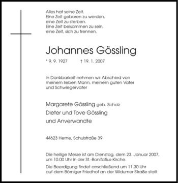 Traueranzeige von Johannes Gössling von Tageszeitung