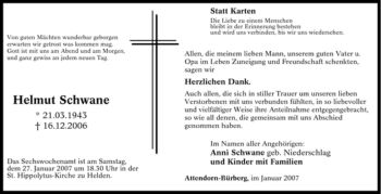 Traueranzeige von Helmuth Schwane von Tageszeitung