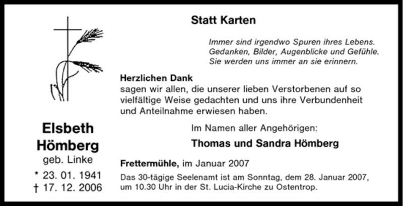  Traueranzeige für Elsbeth Hömberg vom 23.01.2007 aus Tageszeitung