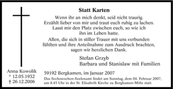 Traueranzeige von Anna Kowolik von Tageszeitung