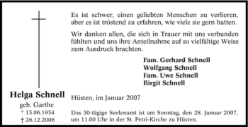 Traueranzeige von Helga Schnell von Tageszeitung