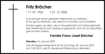 Traueranzeige von Fritz Bröcher von Tageszeitung