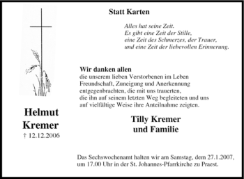 Traueranzeige von Helmuth Kremer von Tageszeitung