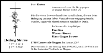 Traueranzeige von Hedwig Struwe von Tageszeitung
