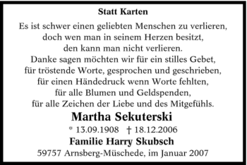 Traueranzeige von Martha Sekuterski von Tageszeitung