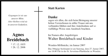 Traueranzeige von Agnes Breidebach von Tageszeitung