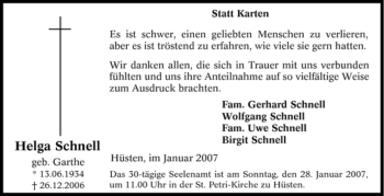 Traueranzeige von Helga Schnell von Tageszeitung