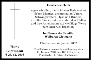 Traueranzeige von Hans Gietmann von Tageszeitung