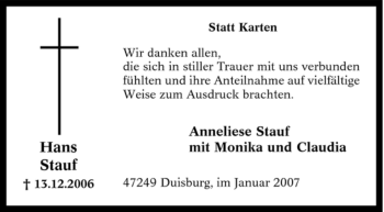 Traueranzeige von Hans Stauf von Tageszeitung