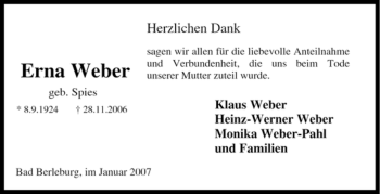 Traueranzeige von Erna Weber von Tageszeitung