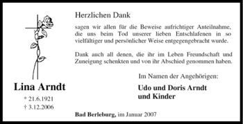 Traueranzeige von Lina Arndt von Tageszeitung
