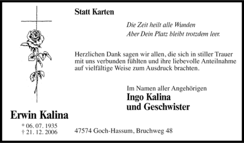  Traueranzeige für Erwin Kalina vom 25.01.2007 aus Tageszeitung