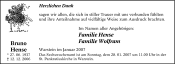 Traueranzeige von Bruno Hense von Tageszeitung