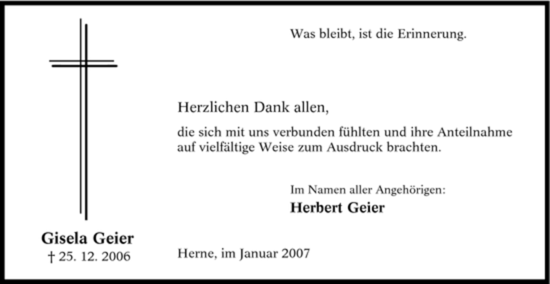  Traueranzeige für Gisela Geier vom 26.01.2007 aus Tageszeitung