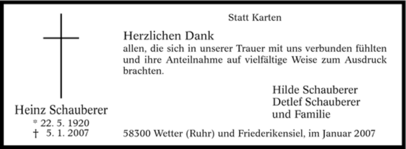  Traueranzeige für Heinz Schauberer vom 26.01.2007 aus Tageszeitung
