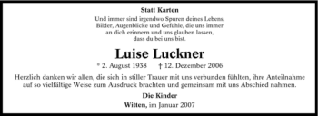 Traueranzeige von Luise Luckner von Tageszeitung