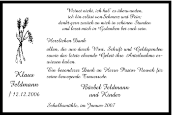 Traueranzeige von Klaus Feldmann von Tageszeitung