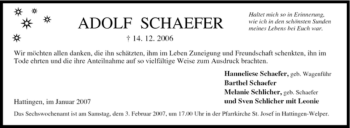 Traueranzeige von Adolf Schaefer von Tageszeitung