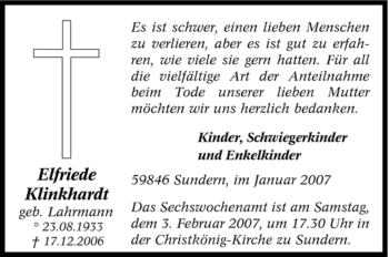 Traueranzeige von Elfriede Klinkhardt von Tageszeitung