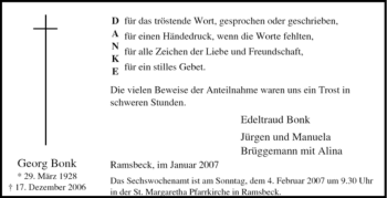 Traueranzeige von Georg Bonk von Tageszeitung