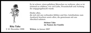 Traueranzeige von Rita Take von Tageszeitung