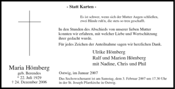 Traueranzeige von Maria Hömberg von Tageszeitung