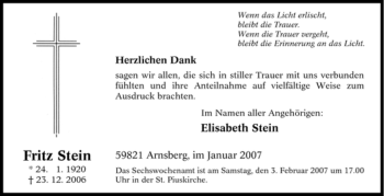 Traueranzeige von Fritz Stein von Tageszeitung