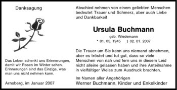 Traueranzeige von Ursula Buchmann von Tageszeitung