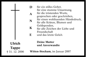 Traueranzeige von Ulrich Tappe von Tageszeitung