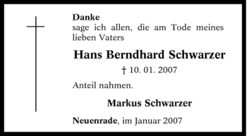Traueranzeige von Hans Berndhard Schwarzer von Tageszeitung