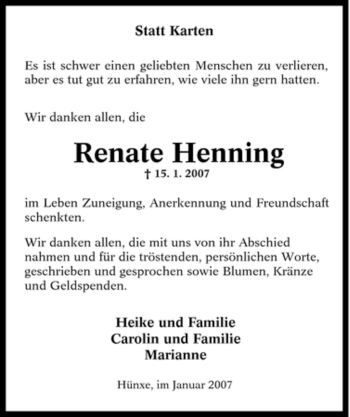 Traueranzeige von Renate Henning von Tageszeitung