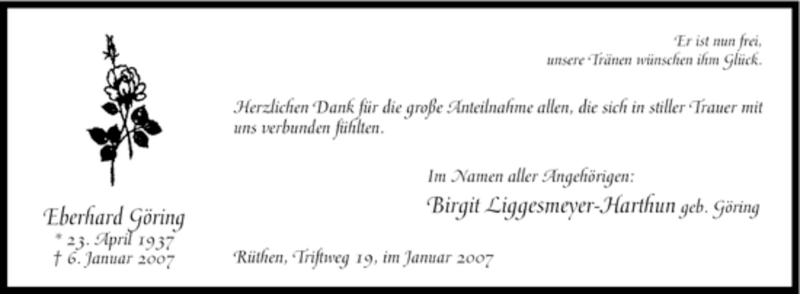  Traueranzeige für Eberhard Göring vom 27.01.2007 aus Tageszeitung