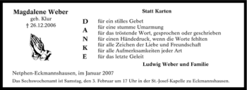 Traueranzeige von Magdalene Weber von Tageszeitung