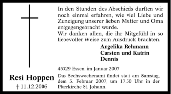 Traueranzeige von Resi Hoppen von Tageszeitung