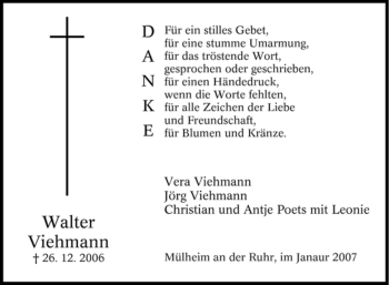 Traueranzeige von Walter Viehmann von Tageszeitung