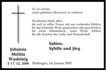 Traueranzeige von Johanna Melitta Waskönig von Tageszeitung
