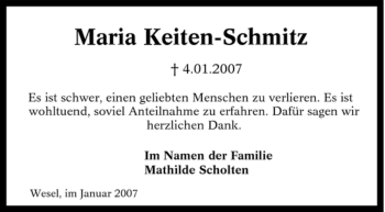 Traueranzeige von Maria Keiten-Schmitz von Tageszeitung