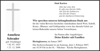 Traueranzeige von Anneliese Schrader von Tageszeitung