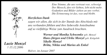 Traueranzeige von Lucie Menzel von Tageszeitung