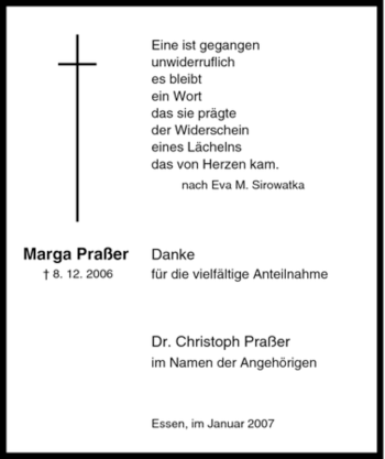 Traueranzeige von Marga Praßer von Tageszeitung