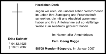 Traueranzeige von Erika Kalthoff von Tageszeitung