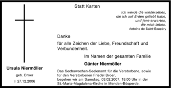 Traueranzeige von Ursula Niermöller von Tageszeitung