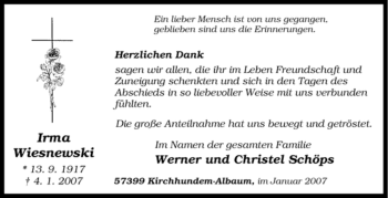 Traueranzeige von Irma Wiesnewski von Tageszeitung