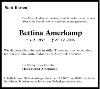 Traueranzeige von Bettina Amerkamp von Tageszeitung