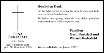 Traueranzeige von Erna Burtzlaff von Tageszeitung