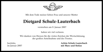 Traueranzeige von Dietgard Schulz-Lauterbach von Tageszeitung