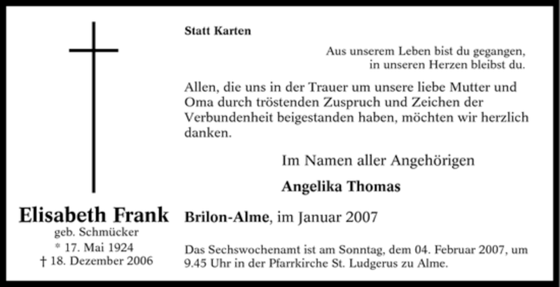  Traueranzeige für Elisabeth Frank vom 29.01.2007 aus Tageszeitung
