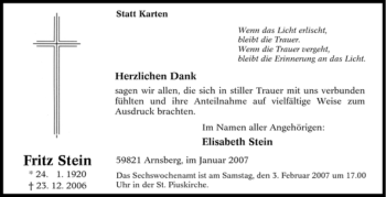Traueranzeige von Fritz Stein von Tageszeitung
